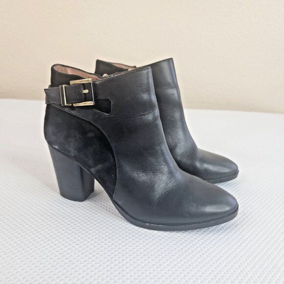 Louise et Cie Lo Vasca Black Leather Booties Boots Suede Block Heel 8 M - Picture 1 of 10